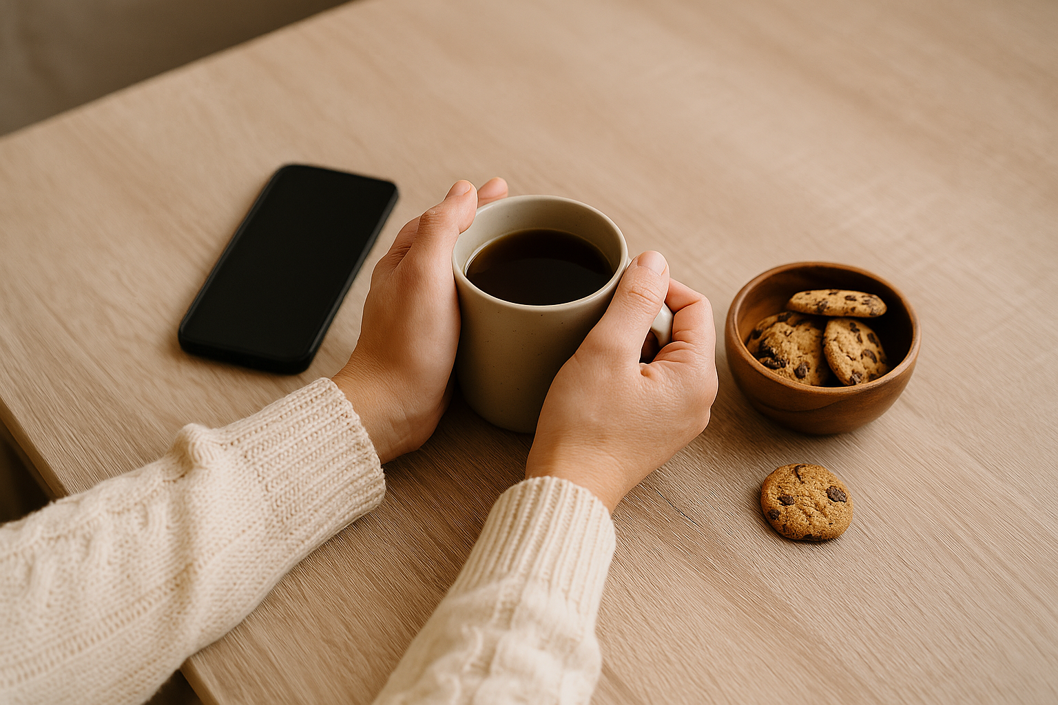 Hands around a mug beside a phone — grounding while an urge passes