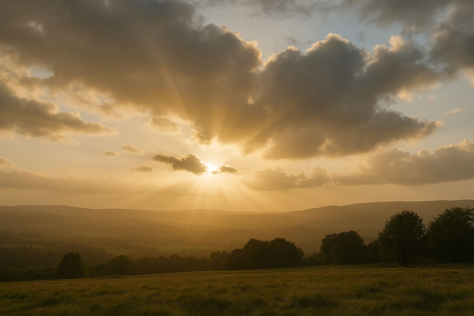 Sunlight through clouds over a calm landscape