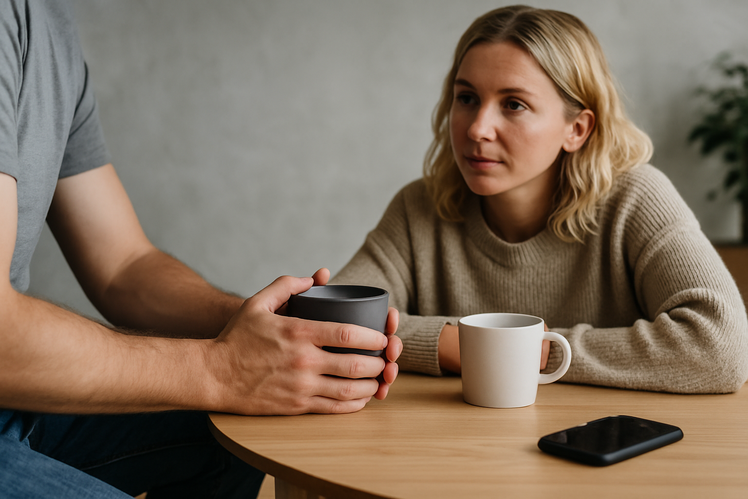 Two people with hot drinks — one listening and supporting the other