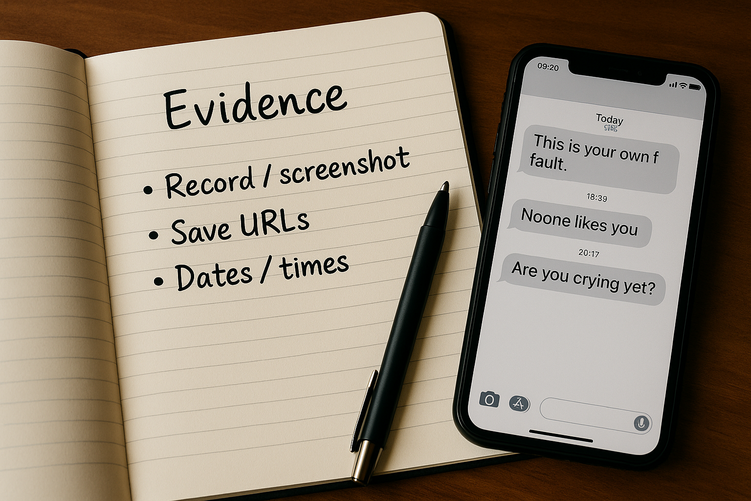 Notebook with a phone showing saved screenshots and timestamps
