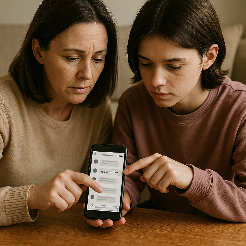 Parent and young person reviewing a phone together at the table