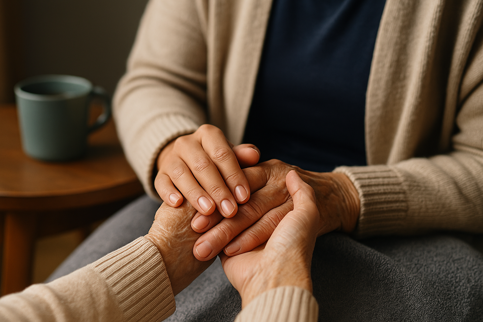 A supportive hand on a shoulder at home — symbol of caring and support