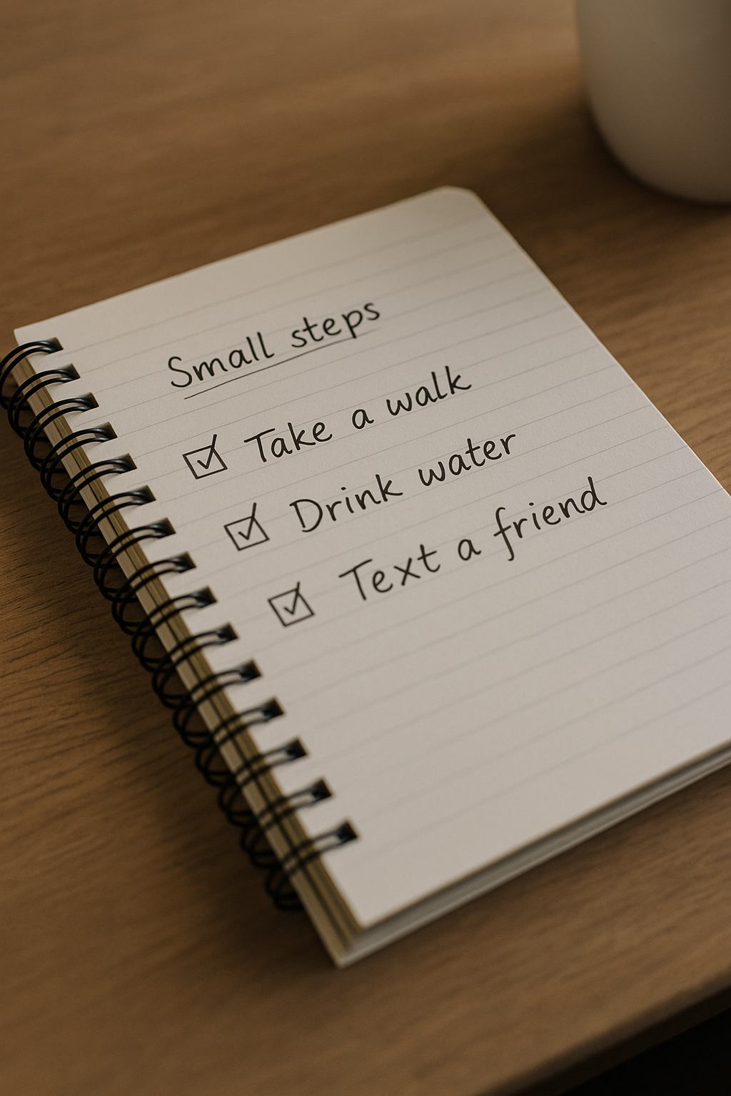 Notebook with three tiny steps ticked off