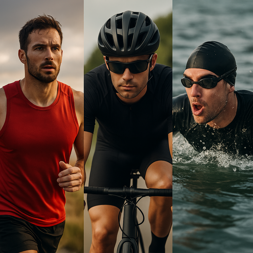 Running, cycling, and swimming headgear side by side