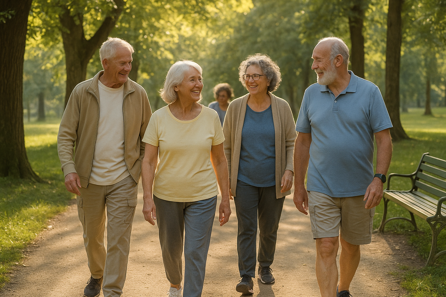 Sunlit park path with older adults walking, gentle movement and connection