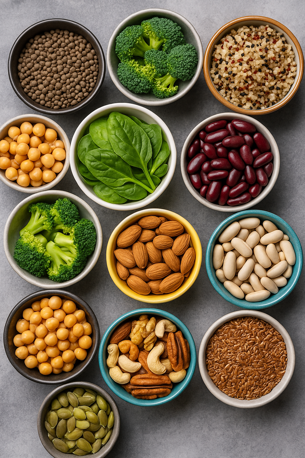 Colourful bowls of plants, beans, nuts and seeds