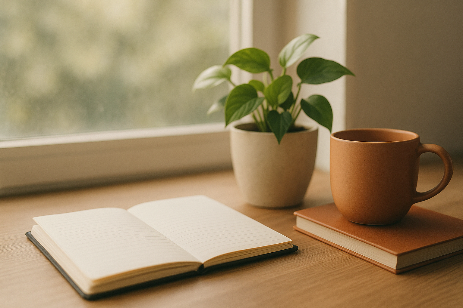 Sunlit herb pot on a windowsill with a notebook and pen