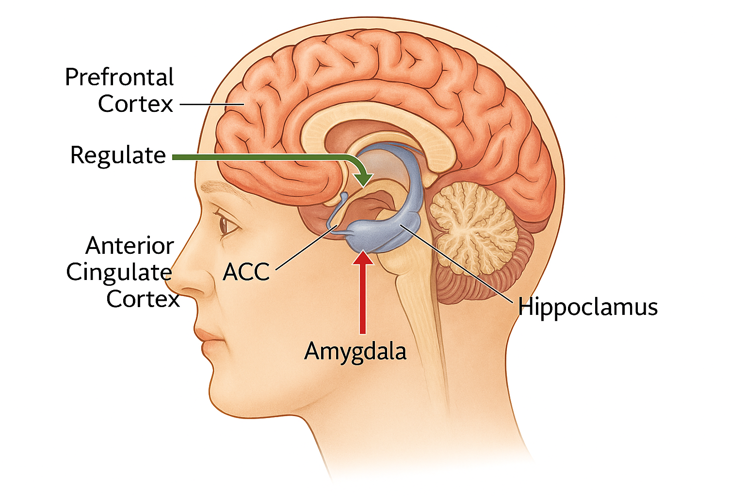 Amygdala (alarm) and prefrontal cortex (regulation)