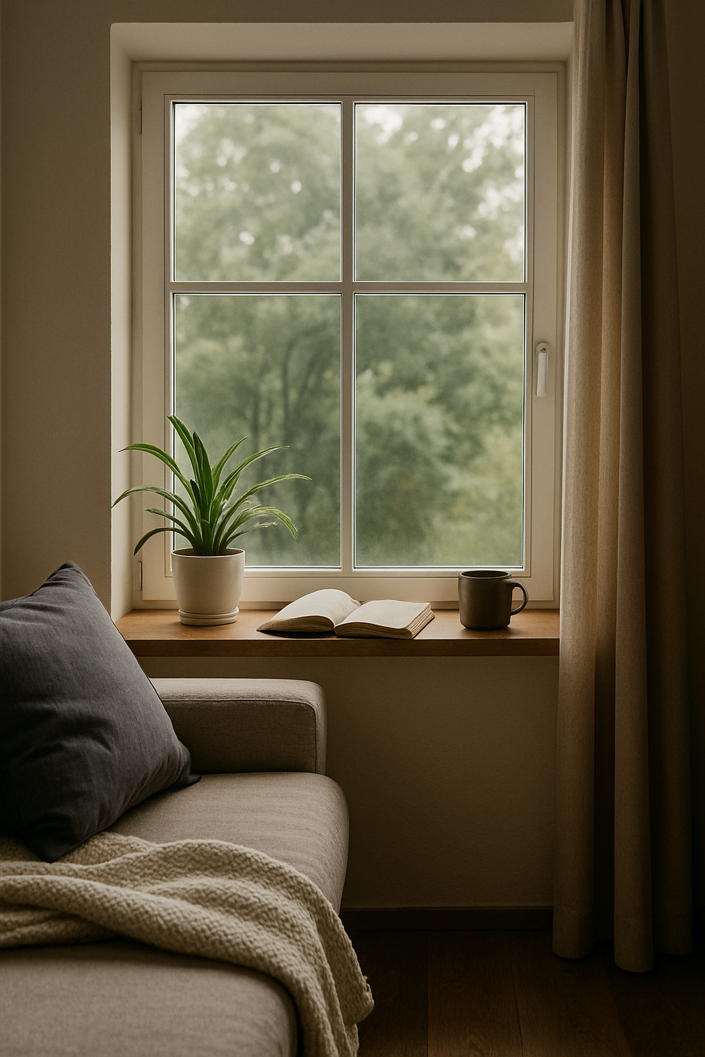 Quiet room with daylight window — visual anchor for the window of tolerance