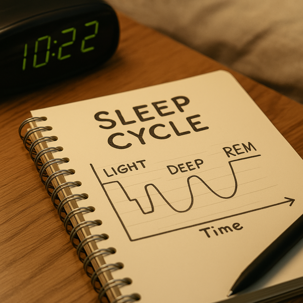 Diagram showing sleep cycle stages (N1, N2, N3, REM) with clock illustration