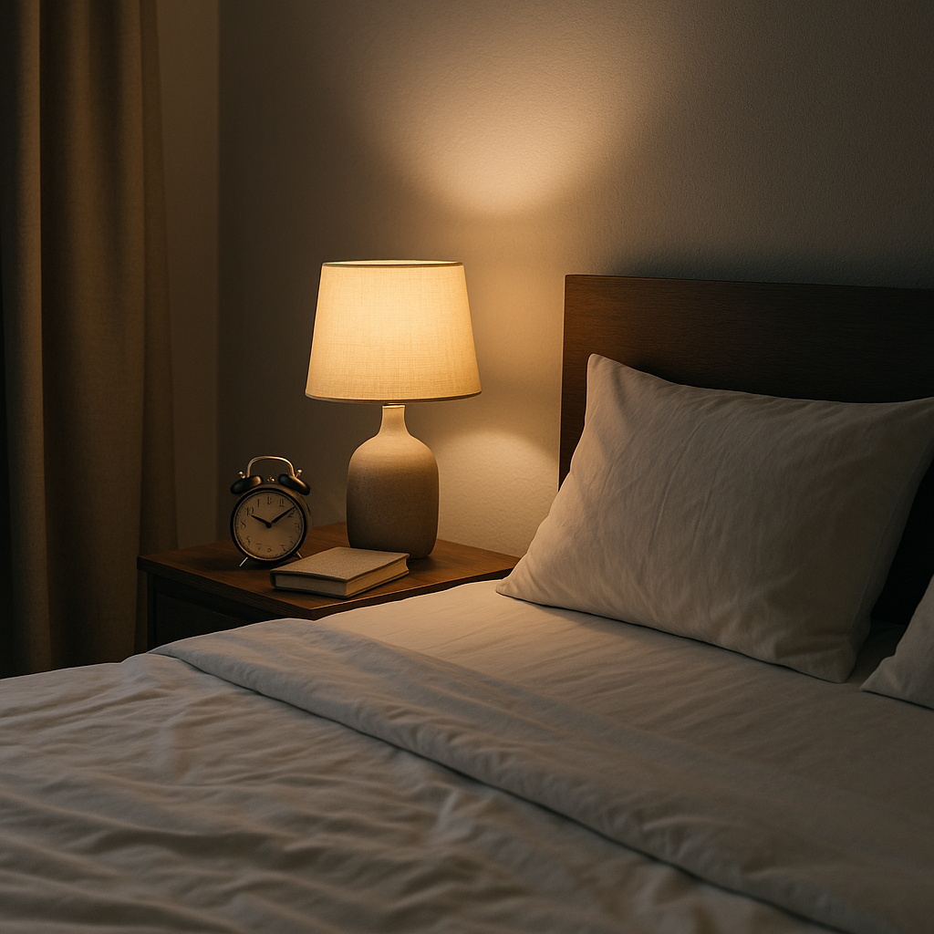 Calm bedroom scene with soft lamp glow and a neatly made bed