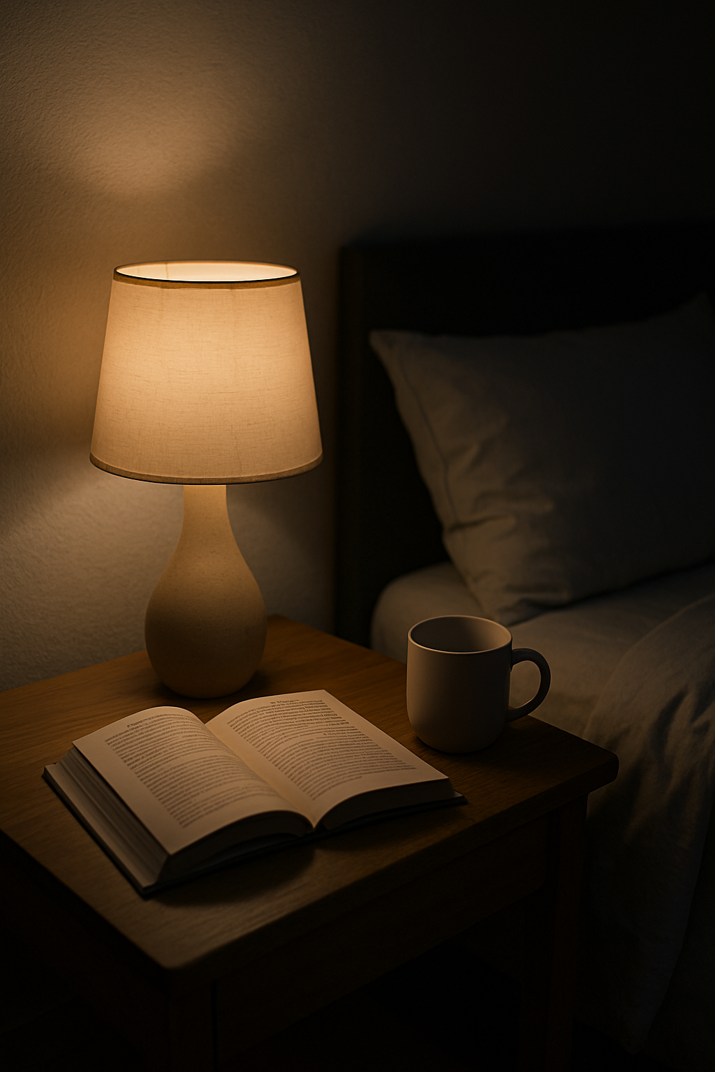 Bedside lamp, book and a gentle wind-down setup