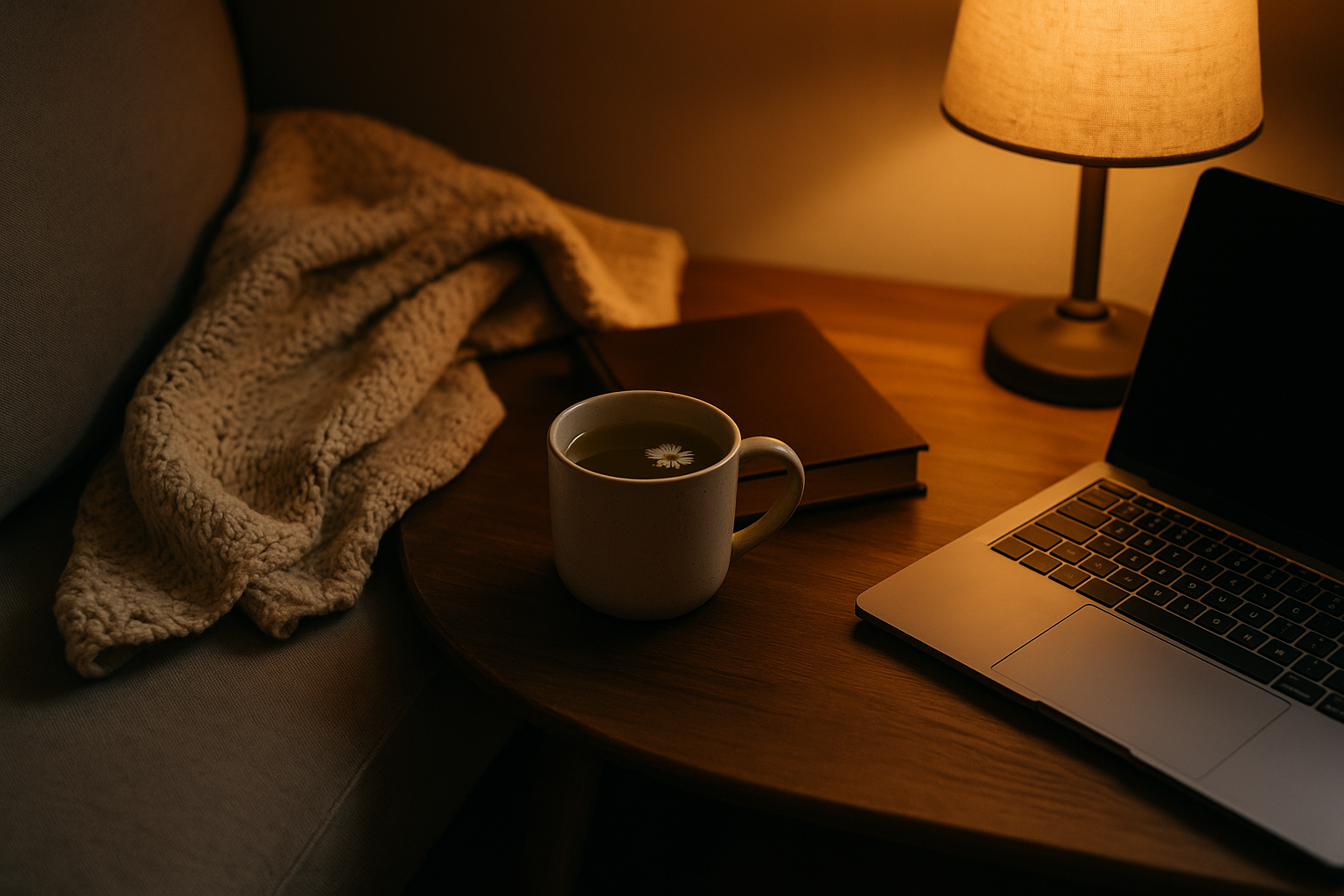 Warm evening scene with chamomile tea, closed laptop and a book