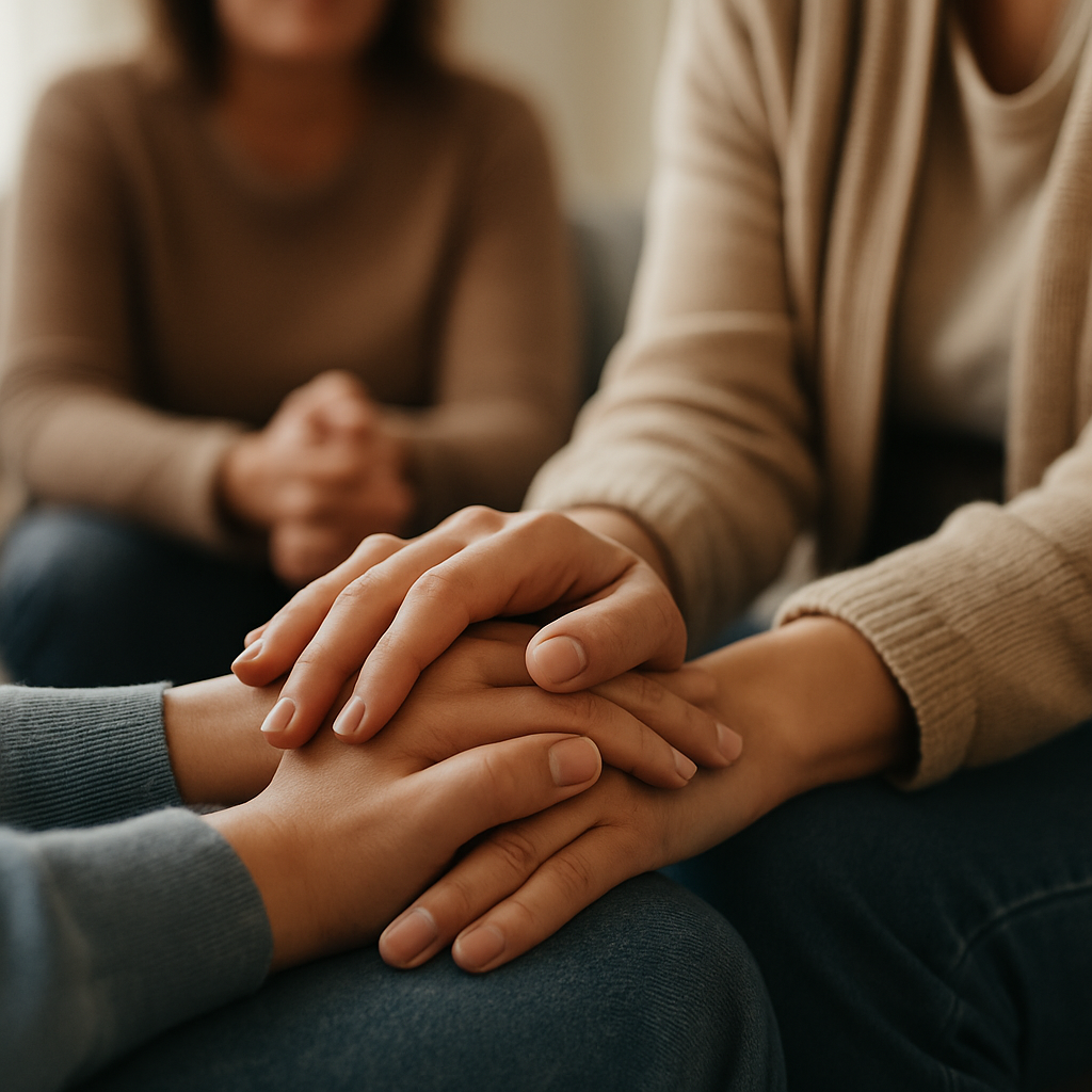 Close-up of two hands clasped in support