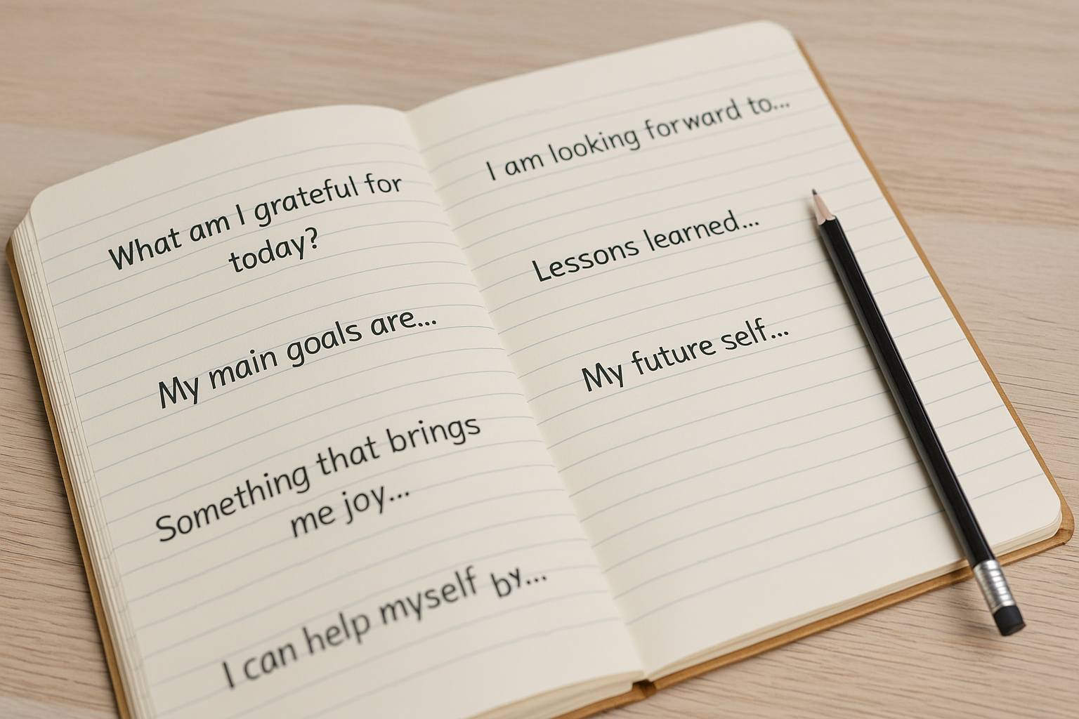 Open notebook with a short list of prompts